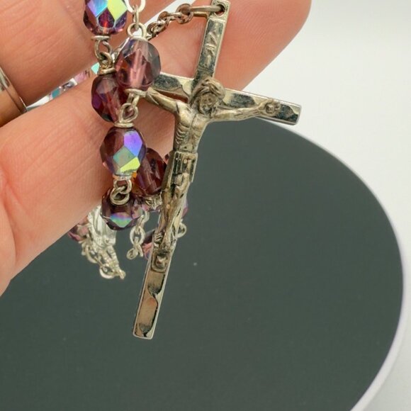 Vintage Amethyst Purple Aurora Borealis Crystal Rosary Beads Catholic Mary - Picture 11 of 12